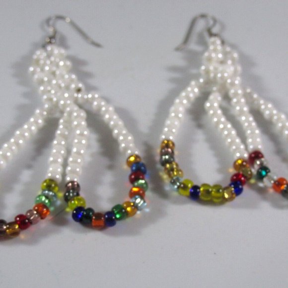 Double Hoop White & Multi-color Beaded Glass Drop Dangle Earrings - Picture 4 of 4